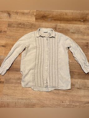 Liz Claiborne 100% Linen Pleated Button Down Shirt Beige Ivory Coastal M